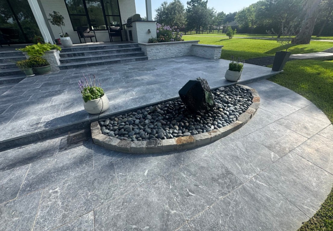 Beautiful stamped concrete patio with fountain in Compton, CA